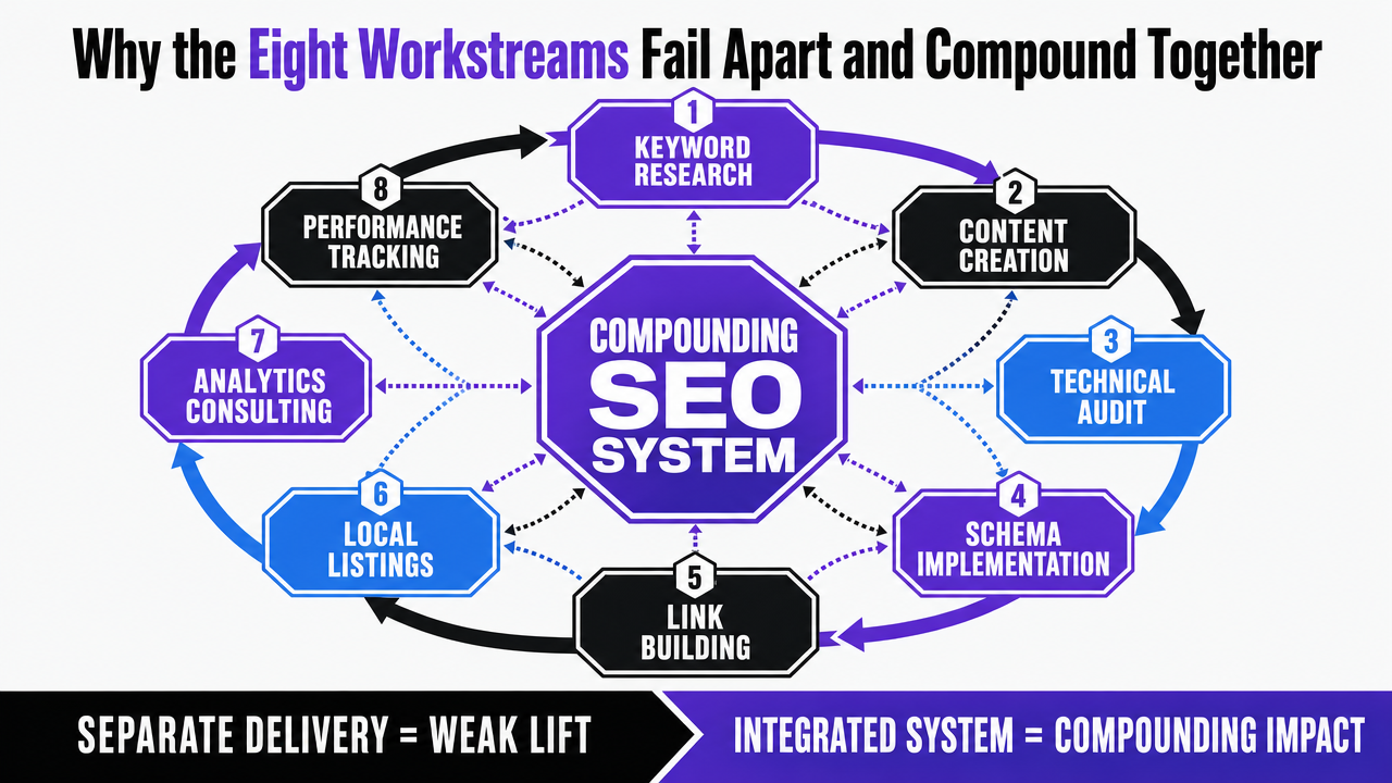 Visualize the eight interconnected SEO workstreams as a unified system, showing how outputs from one feed into the next, supporting the core thesis of the article