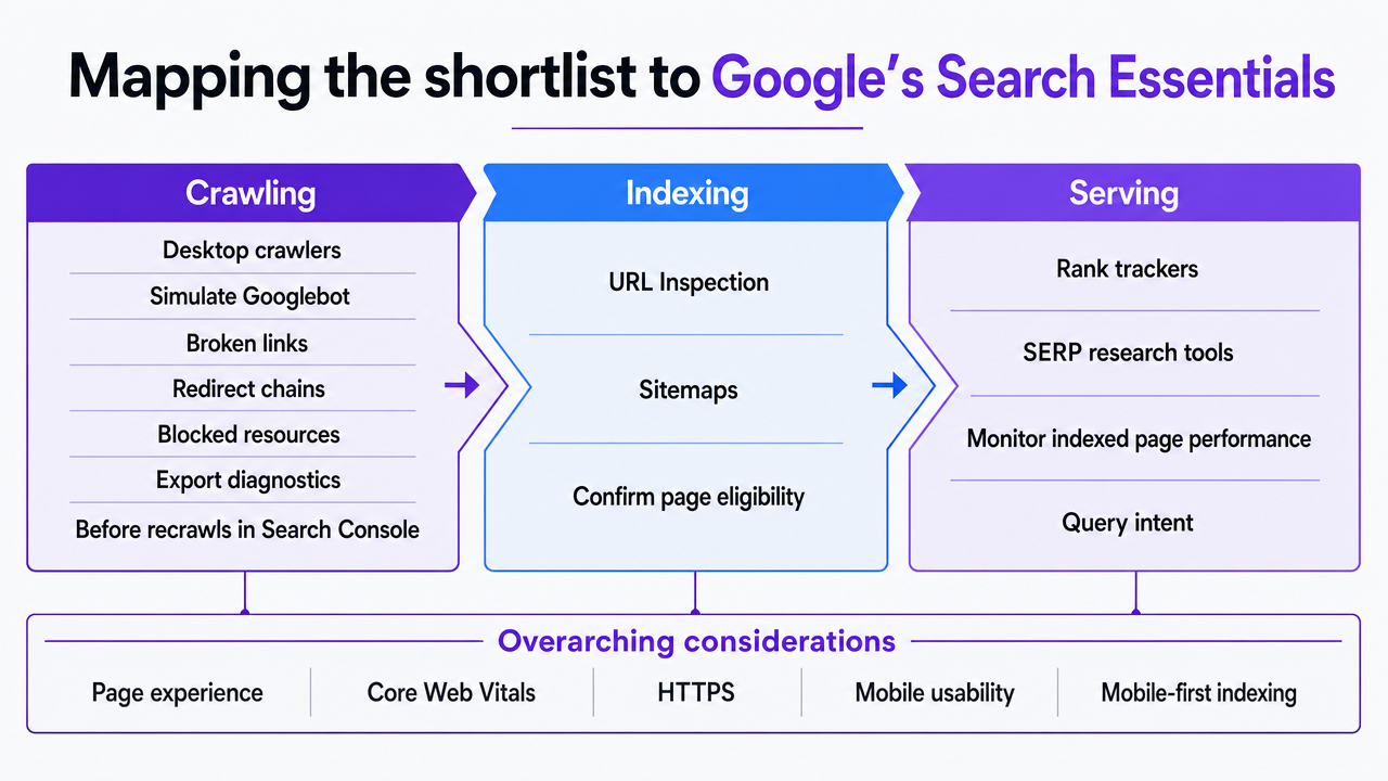 Illustrate Google's three-stage search framework (crawling, indexing, serving) and map tool categories to each stage as described in this section