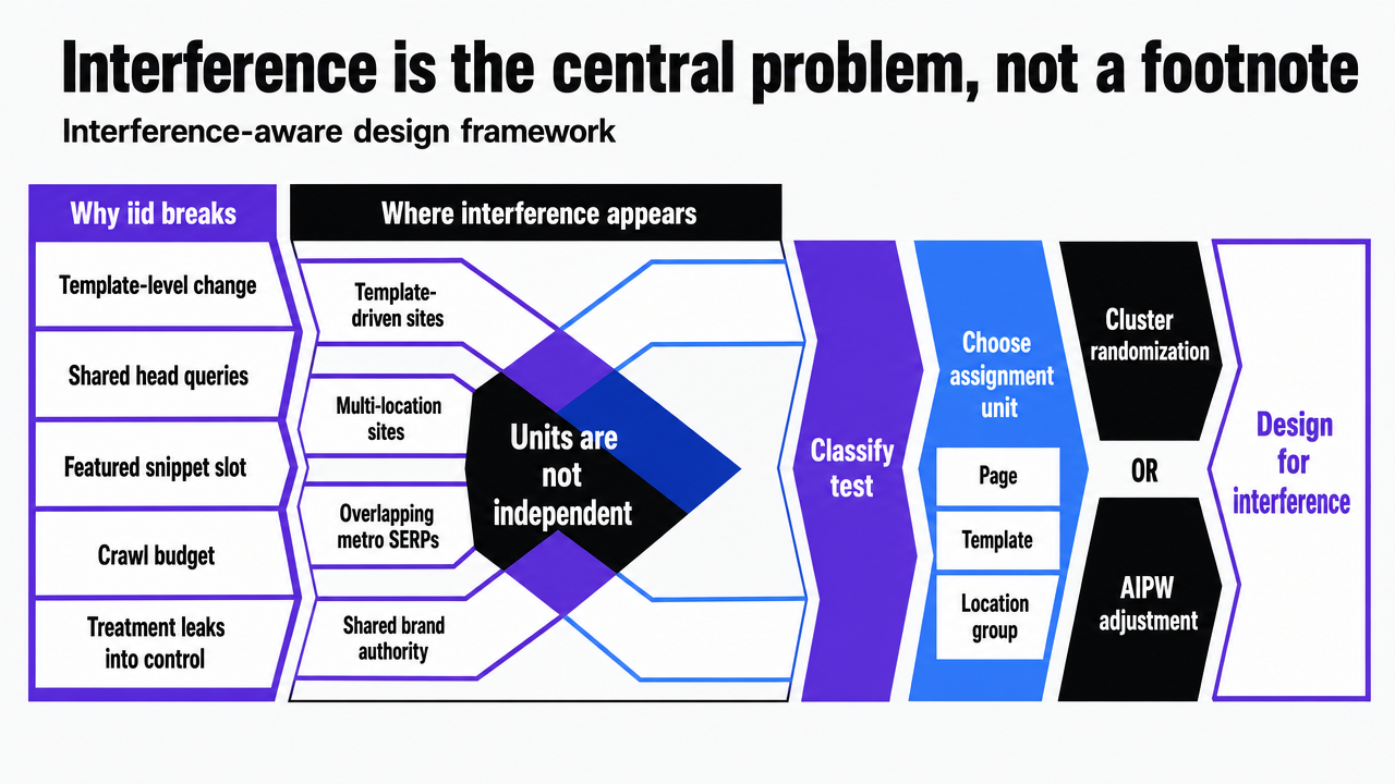 Visualize the interference-aware design framework that the section explains: classify test, choose assignment unit, apply cluster randomization or AIPW adjustment. This is a process/framework the article walks through in prose