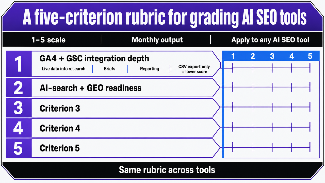 Visualize the five evaluation criteria introduced in this section as a scoring framework readers can apply to any AI SEO tool