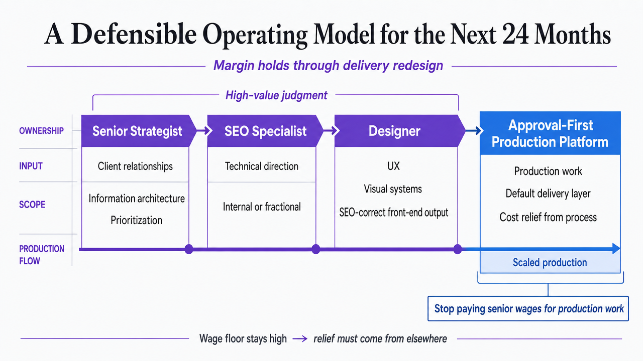 Visualize the four-layer operating model described in the closing section (strategist, SEO specialist, designer, approval-first production platform) as a process/operating-model diagram tied directly to the section's prescribed structure