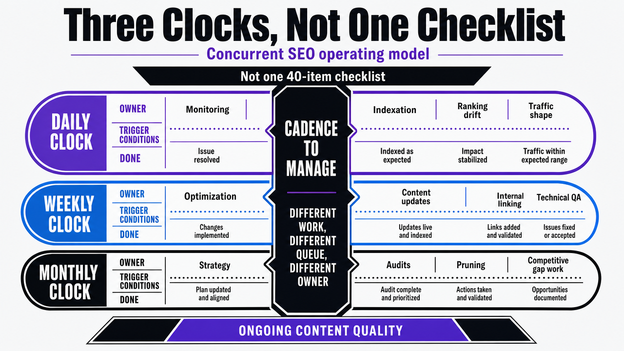 Visualize the three concurrent SEO clocks operating model introduced in this foundational section, showing the distinct cadence, ownership, and focus area for each clock