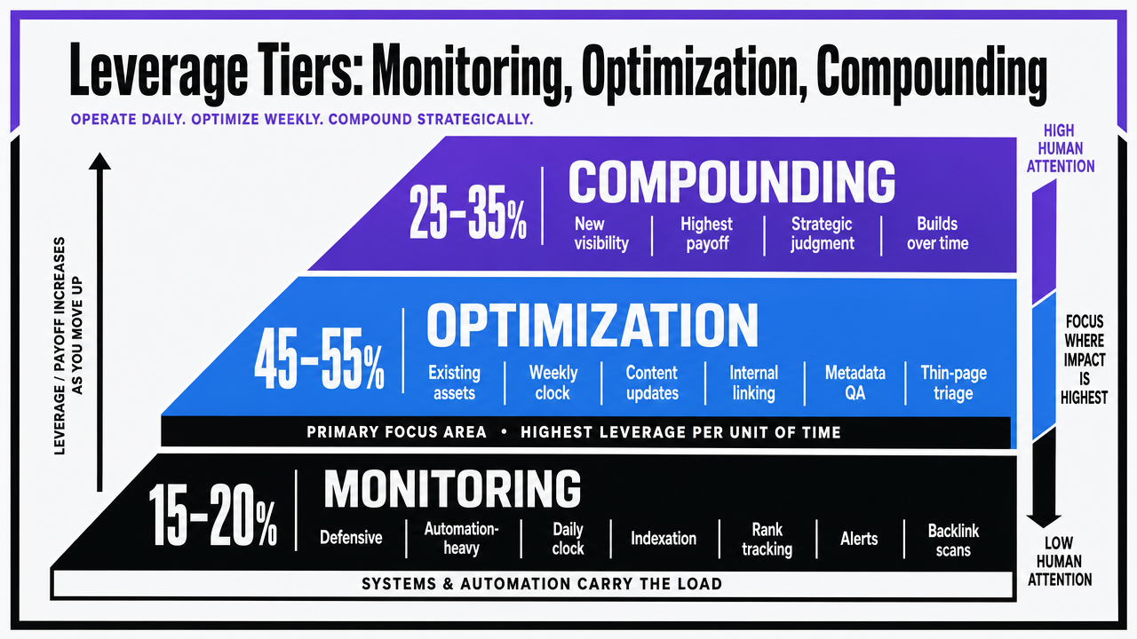 Visualize the three leverage tiers and their recommended time allocation percentages (15-20%, 45-55%, 25-35%) explicitly cited in the section prose