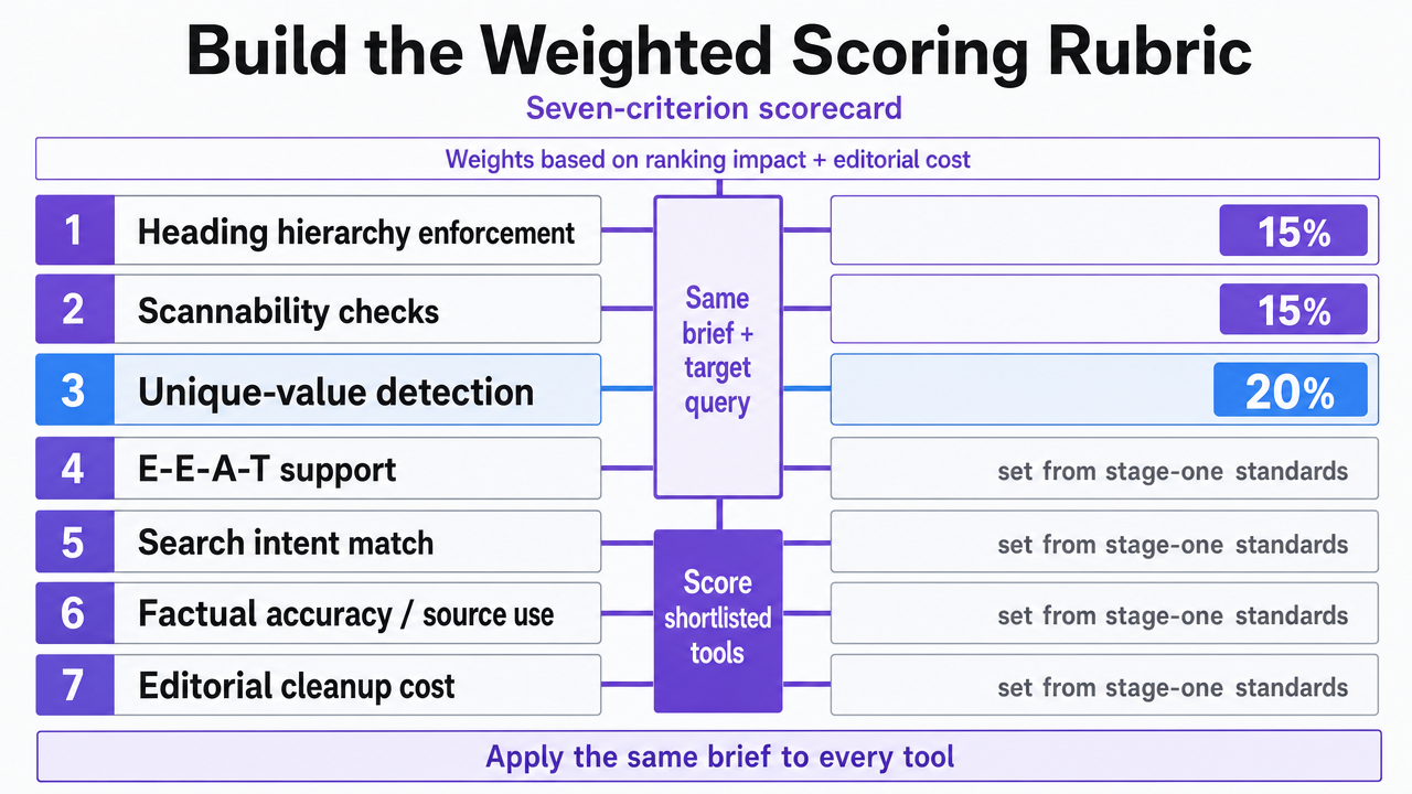 Show the seven weighted rubric criteria explicitly enumerated in the prose so readers can apply the scoring model