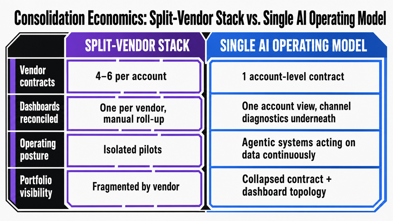 Visualize the comparison table directly presented in this section, contrasting split-vendor stack vs. single AI operating model across four structural variables