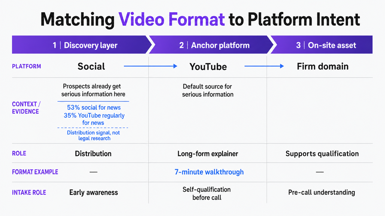 Visualize the section's comparison of platforms, video formats, and intake roles so readers can see at a glance how YouTube, social feeds, and on-site assets map to qualification stages
