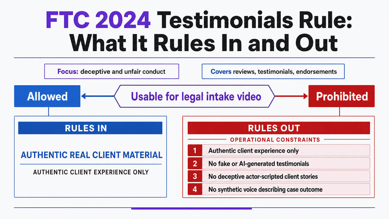 Summarize the four operational constraints from the FTC 2024 Rule so readers can quickly see what is allowed versus prohibited for video testimonials in legal intake