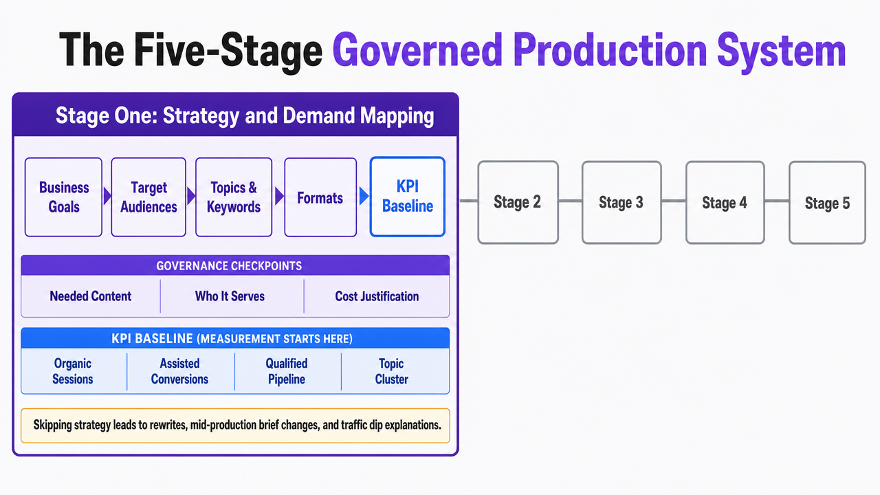 Visualize the five-stage workflow as a horizontal process diagram showing the governed production system that anchors the entire article
