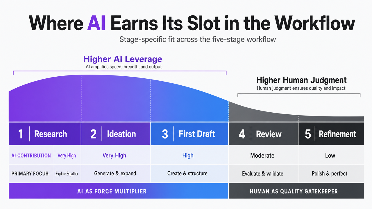 Show the AI leverage curve across the five stages, mapping which stages benefit most from generative AI versus which require human judgment