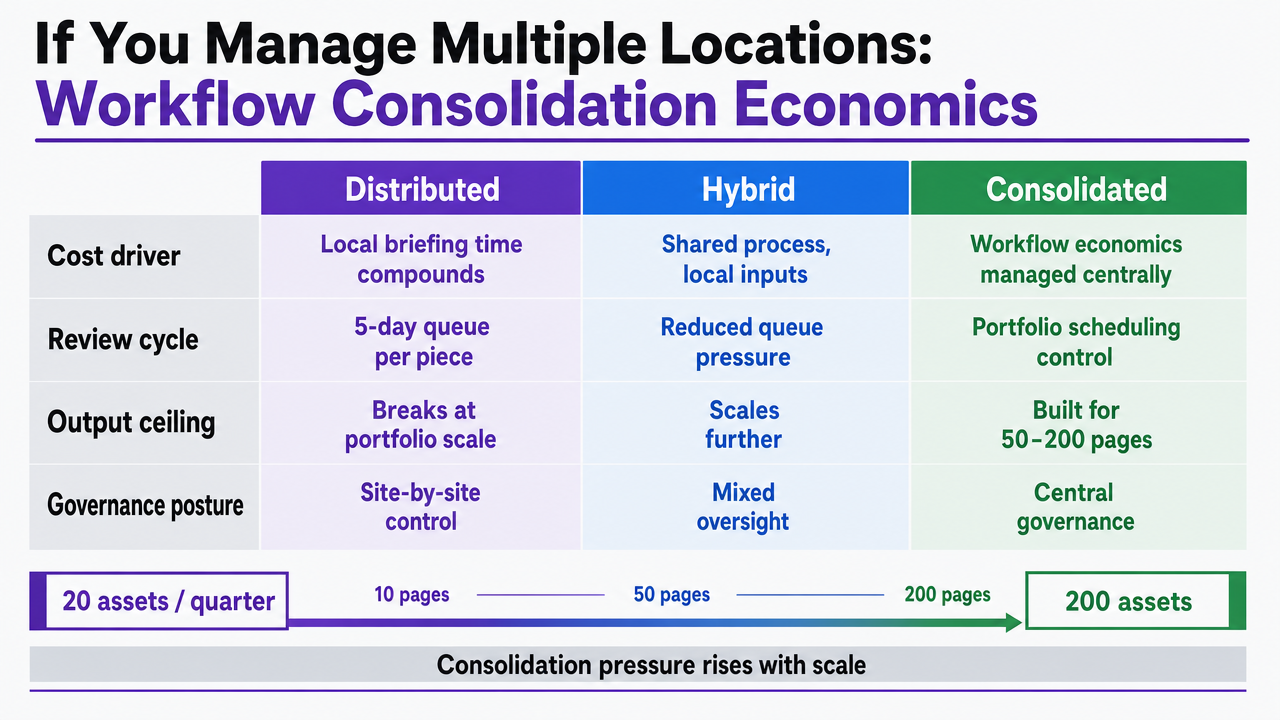 Compare the three workflow operating models for multi-location operators across cost driver, review cycle, output ceiling, and governance posture