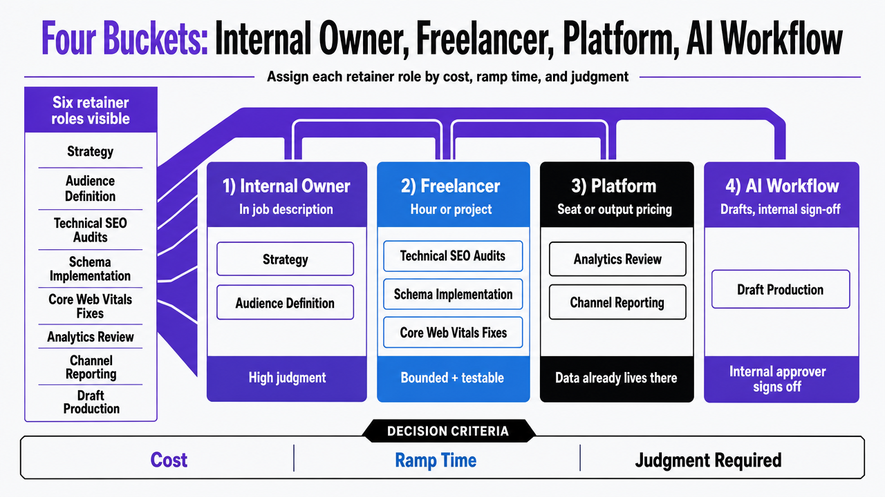 Render the section's comparison table as a scannable framework infographic so readers can map each of the six retainer roles into one of four procurement buckets