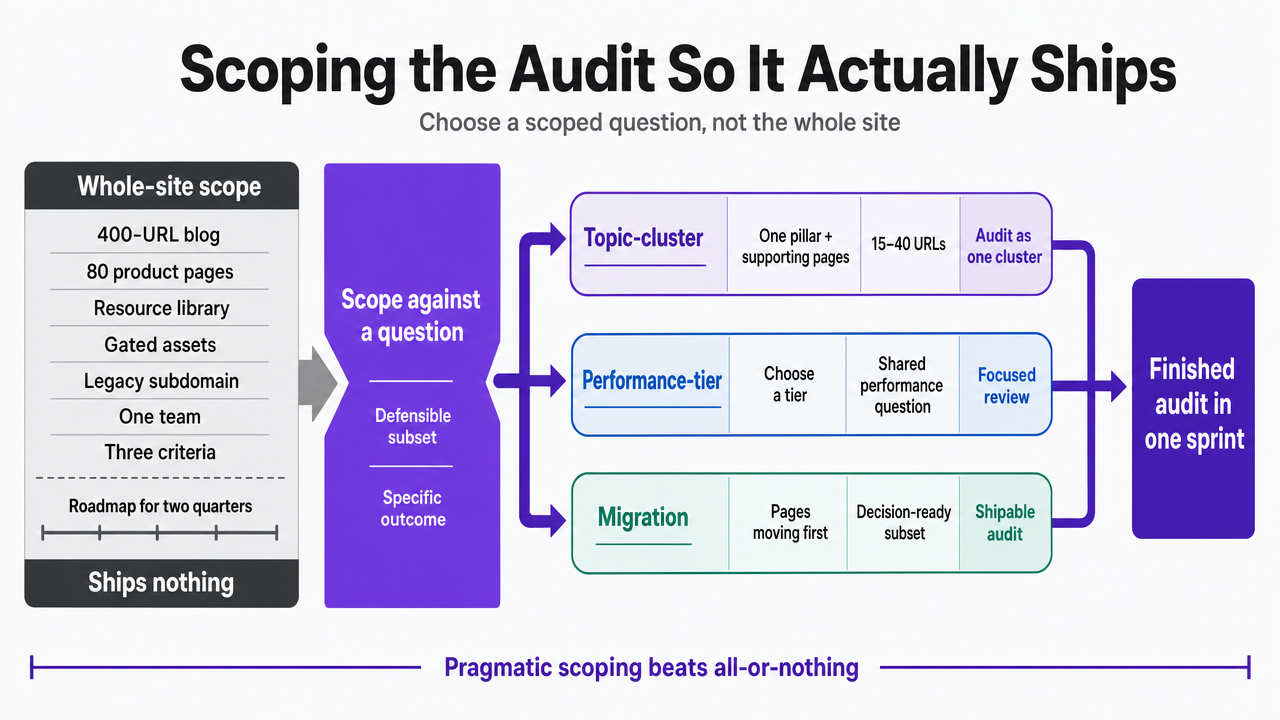 Visualize the three scoping patterns described in the section (topic-cluster, performance-tier, migration) as parallel approaches a content manager can choose between to ship a finished audit inside one sprint