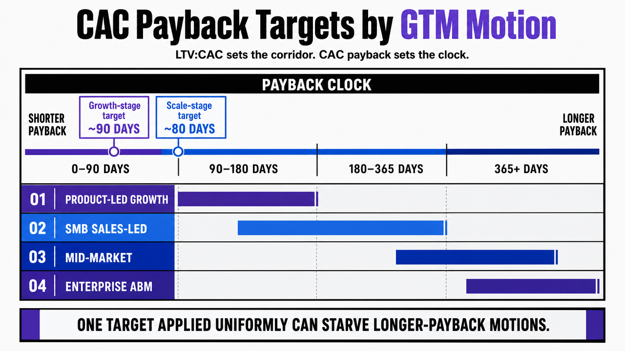Visualize the four GTM motion payback benchmarks cited in the section to anchor the channel-weight argument