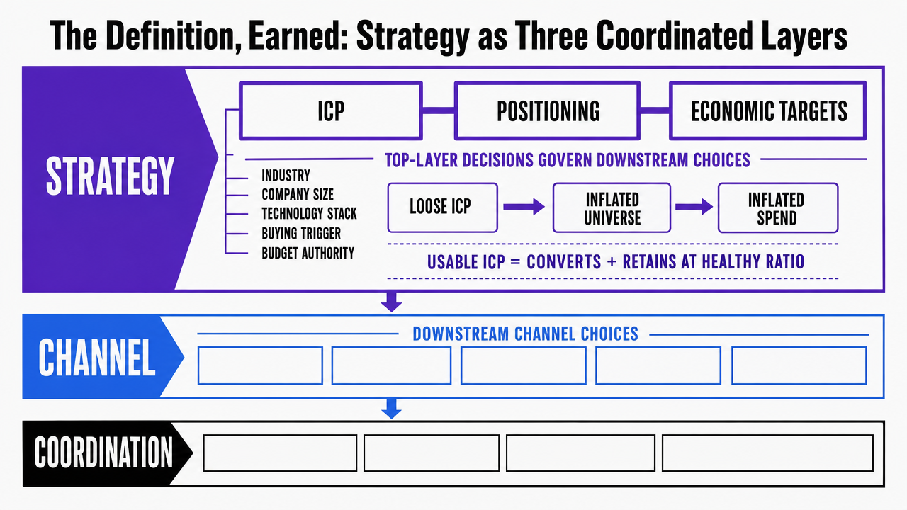 Visualize the three-layer operating system framework (Strategy, Channel, Coordination) that defines the article's central concept