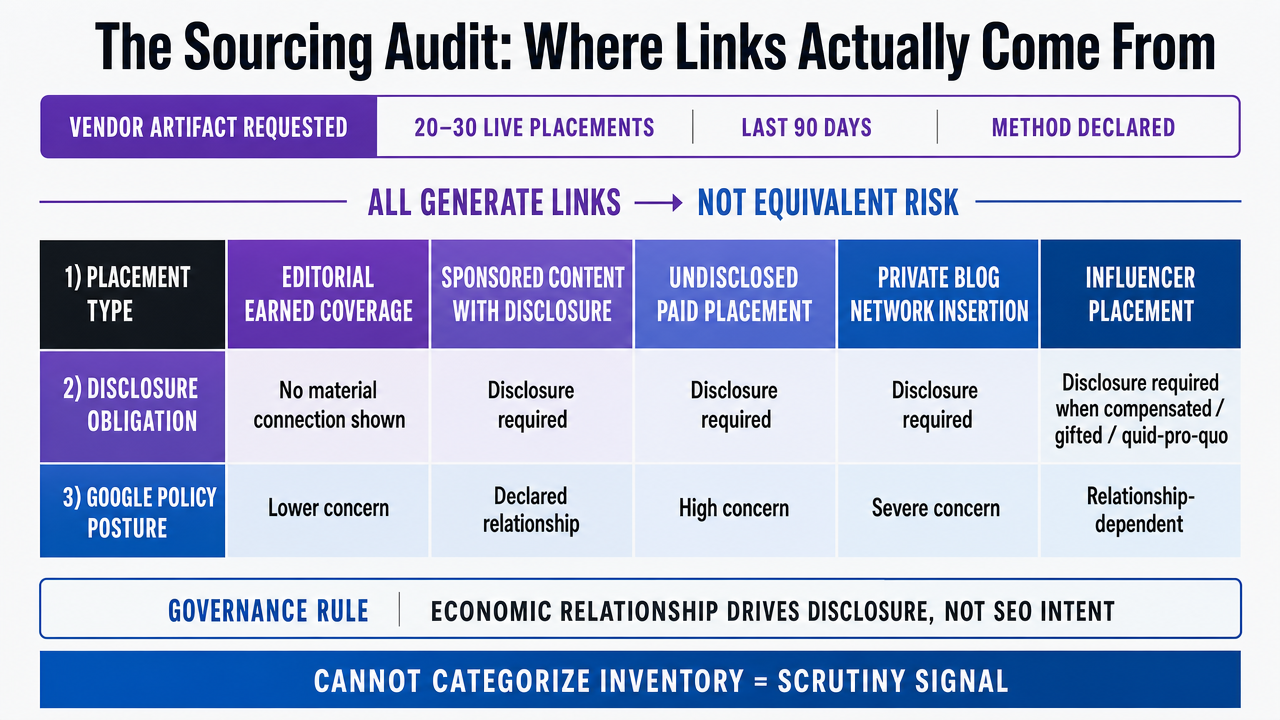 Visualize the section's sourcing categorization matrix mapping placement types to disclosure obligation and Google policy posture, which is the core artifact the section instructs operators to request from vendors