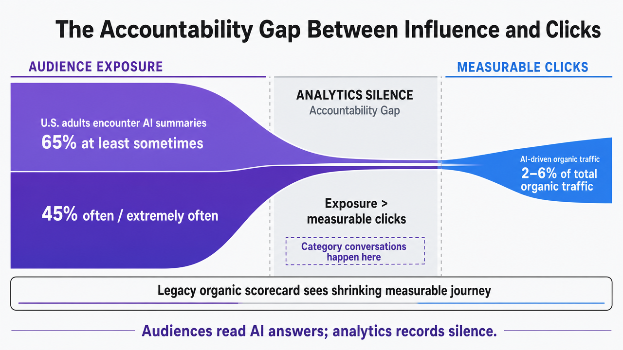 Contrast the small share of measurable AI-driven clicks against the much larger share of audiences exposed to AI summaries, making the accountability gap visually concrete