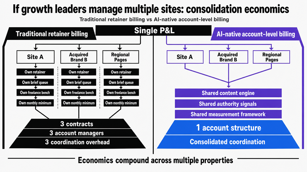 Render the in-article comparison table as a clearer side-by-side process infographic contrasting traditional retainer billing versus AI-native account-level billing across multiple properties, reinforcing the section's consolidation economics argument